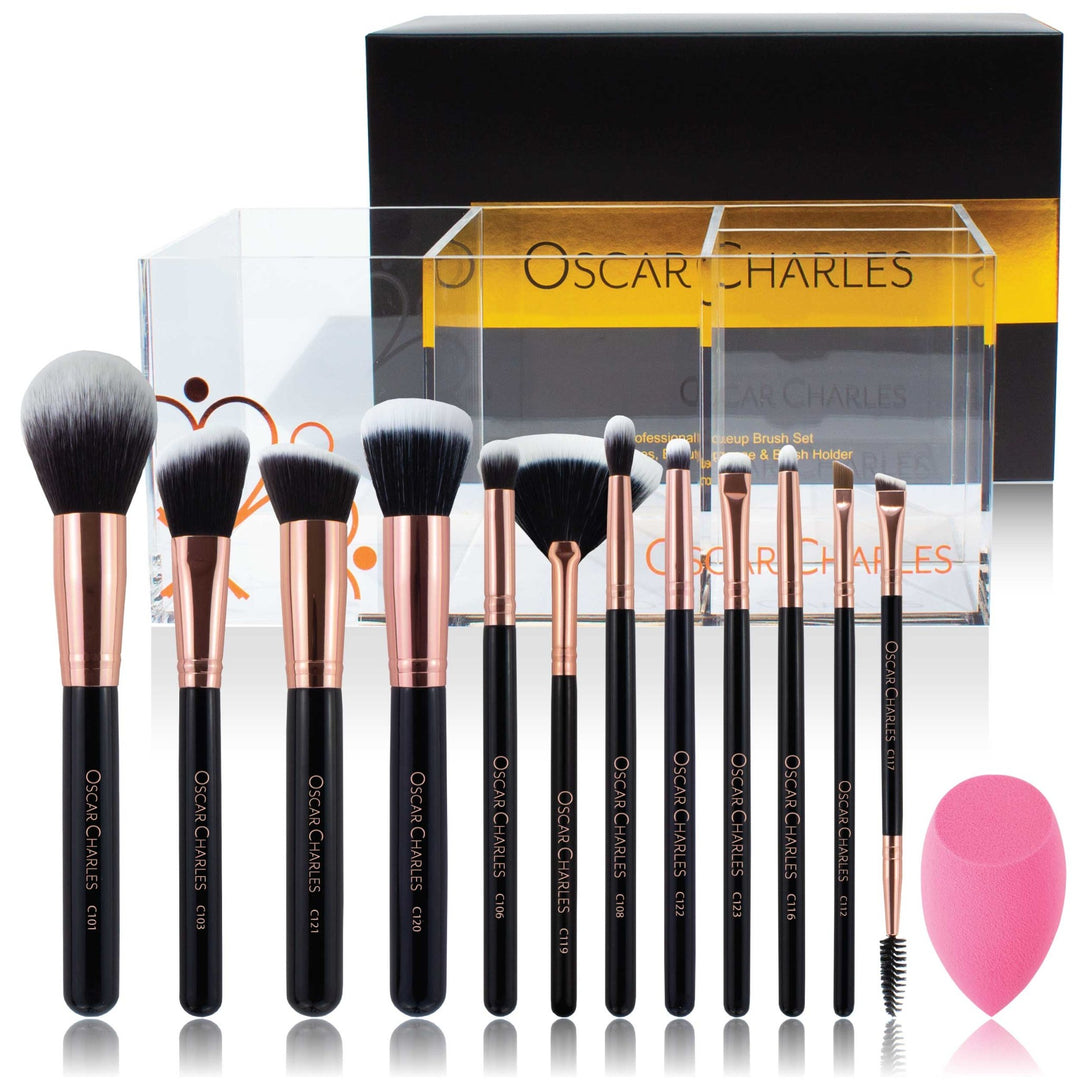 Oscar Charles 12 Piece Luxe Radiance Pro Makeup Brush Set & Makeup Holder Rose Gold/Black - Oscar Charles - 10145149 - 5060597570480