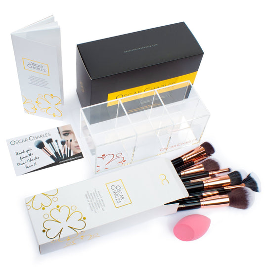 Oscar Charles 12 Piece Luxe Radiance Pro Makeup Brush Set & Makeup Holder Rose Gold/Black - Oscar Charles - 10145149 - 5060597570480