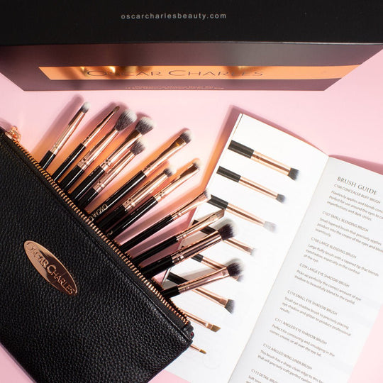 Oscar Charles Complete Professional Eye Makeup Brush Set Including a Luxury Cosmetic Clutch Bag - Rose Gold/Black - Oscar Charles - 10145179 - 5060597570787