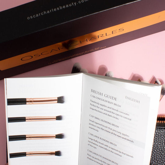 Oscar Charles Complete Professional Eye Makeup Brush Set Including a Luxury Cosmetic Clutch Bag - Rose Gold/Black - Oscar Charles - 10145179 - 5060597570787