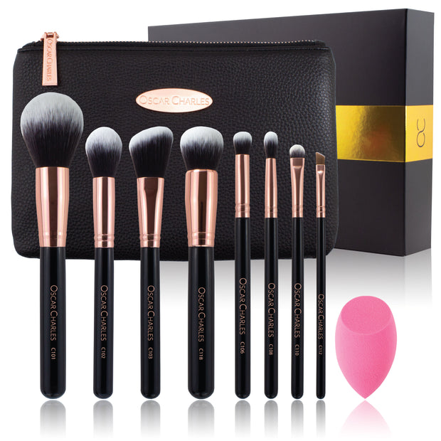 Oscar Charles 8 Piece Luxe Professional Makeup Brush Set & Luxury Cosmetic Bag. Rose Gold/Black