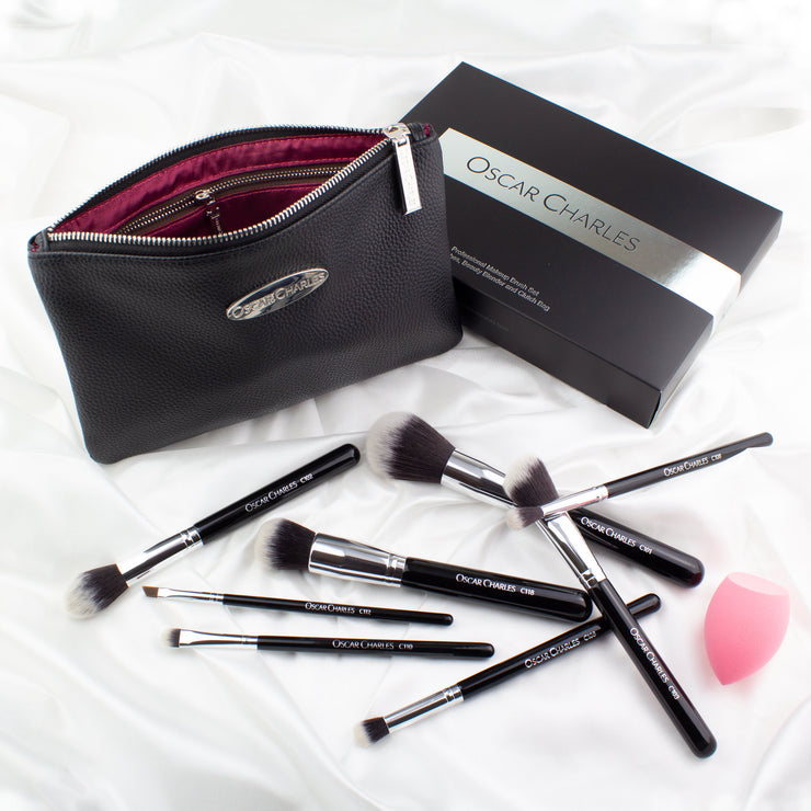 Oscar Charles 8 Piece Luxe Professional Makeup Brush Set & Luxury Cosmetic Bag. Silver/Black