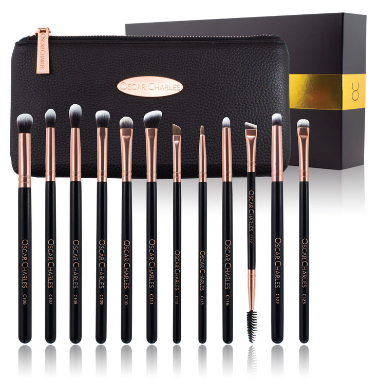 Oscar Charles Complete Professional Eye Makeup Brush Set Including a Luxury Cosmetic Clutch Bag - Rose Gold/Black