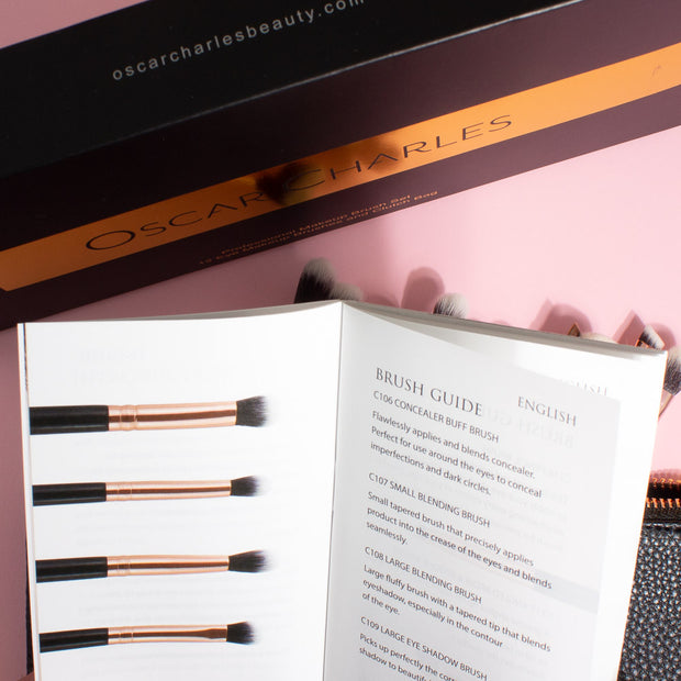 Oscar Charles Complete Professional Eye Makeup Brush Set Including a Luxury Cosmetic Clutch Bag - Rose Gold/Black